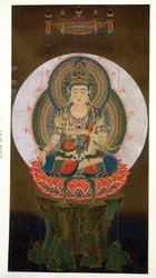 Der Bodhisattva Akashagarba hält das Cintamani (wunscherfüllendes) Juwel in der linken Hand und sitzt auf einer Lotusblume, Illustration nach einem Kakemono aus dem 9. Jahrhundert aus dem Tempel von Daigo