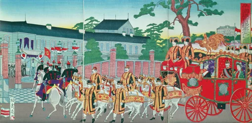 Der Kaiser Mutsuhito (1852-1912) kehrt in seinen Palast in Tokio zurück, späte 19. Jahrhundert