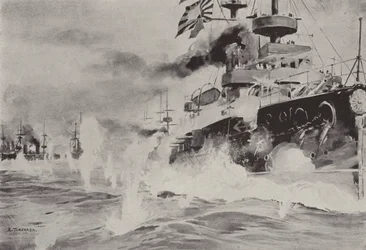 Die Mikasa kämpft tapfer gegen das russische Geschwader vor Port Arthur am 10. August