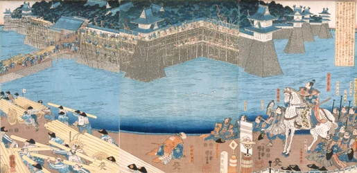 Triptychon zeigt eine Festung, die am Fluss Kunigos gebaut wird, Edo-Periode 1603-1868