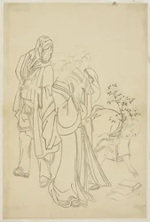 Zwei Geishas spazieren mit einem Dandy und Lehrling