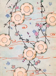 Farbholzschnitt von Laternen in einem blühenden Kirschbaum