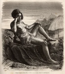 Eingeborene Frau von Taio-Hae (oder Taio Hae), im Archipel der Marquesas, zeigt lässig ihre tätowierten Beine, Gravur nach einer Zeichnung von A. Rixens, die die Erinnerungen des Pazifiks, 1872-1874, von A. Pailhes, einem Schiffssignal, illustriert, veröff