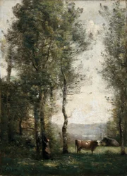 Waldlandschaft mit Kühen auf einer Lichtung