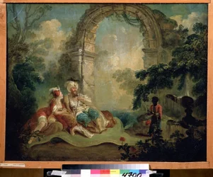 Orientalismus: Türkischer Pascha und Odaliske liegen auf einem Teppich, bedient von einem Schwarzen Diener (Türkischer Pascha und Odaliske). Jean Baptiste Hilaire (1753-um 1822), Puschkin-Museum, Moskau