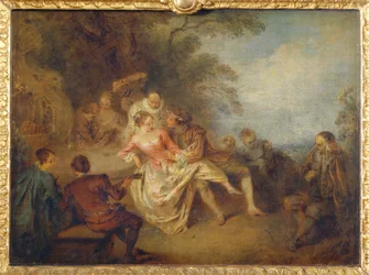 Versammlung von Schauspielern der Comédie Italienne in einem Park