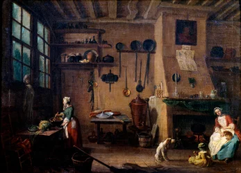 Kücheninterieur im 18. Jahrhundert. Ein Koch bereitet eine Mahlzeit zu. Im Hintergrund sehen wir die Küchenutensilien an der Wand hängen. 18. Jahrhundert, Dijon, Museum der Schönen Künste
