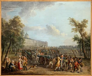 Plünderung der Waffen in den Invalides, das Volk von Paris, nachdem es am 13. Juli das Garde Meuble in Besitz genommen hatte, drang am 14. Juli 1789 in die Invalides ein und nahm 4 Kanonen und 34.000 Gewehre