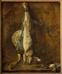 Toter Hase, Jagdtasche und Pulverflasche