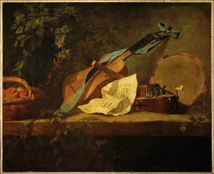 Musikinstrumente und Obstkorb