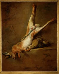 Toter Hase mit Pulverhorn und Jagdtasche