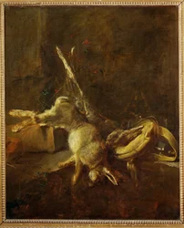 Zwei Hasen, ein Jagdsack und eine Pulverflasche