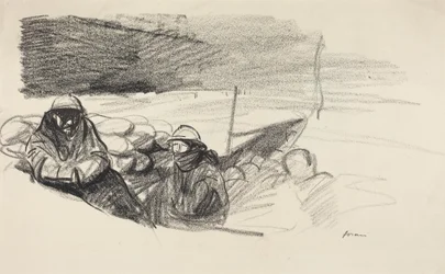 a) Zwei Soldaten in einem Schützengraben (Vorderseite); b) Innenraum mit hinter einem Tisch sitzenden Figuren (Rückseite)