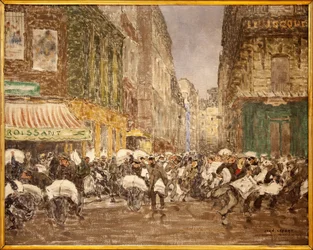 Die Veröffentlichung der Abendzeitungen, Rue du Croissant im Jahr 1914, zeigt die Aktivitäten der Presse im 2. Arrondissement von Paris