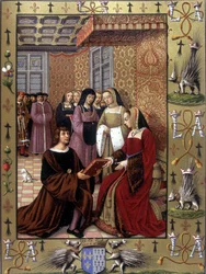 Jean Marot bietet sein Buch, Le Voyage de Genes, Königin Anne von Bretagne an Nach einer Beleuchtung von Jean Bourdichon, ca. 1508