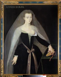Porträt der Agnès Sorel (1422-1450), Herrin von Beauté-sur-Marne, Favoritin König Karls VII. (1422-1461). Ihre Brust ist entblößt. Gemälde nach Jean Fouquet, 16. Jahrhundert, Château royal de Loches