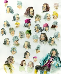 Verschiedene Ausdrücke und Frisuren des Schriftstellers François Marie Arouet de Voltaire (1694-1778) nach den Gemälden von Jean Huber (1721-1786) 18. Jahrhundert