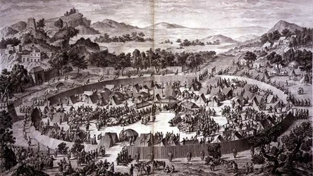 Tchao-Hoei in seinem Lager unterhalb der Mauern von Yerechim empfängt die Huldigung der Einwohner der Stadt und Provinz im Juli 1759, Tafel 4 aus der Serie von Drucken, die die Eroberungen von Qianlong, dem Kaiser von China, darstellen, gestochen von Pierr