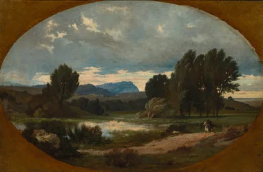 Landschaft mit Reiter auf weißem Pferd