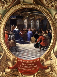 Ludwig X. (1289-1316) der Eigensinnige, König von Navarra, befreit die Leibeigenen, 3. Juli 1315