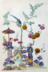 Zeichnung von einer chinesischen Vase: Paar im Garten