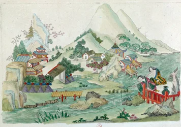 Zeichnung von einer chinesischen Vase: Landschaft mit Fluss und Figuren