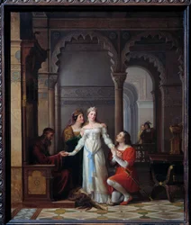 Eselshaut Illustration des Märchens von Charles Perrault (1628-1703) mit dem gleichen Namen, die die junge Prinzessin im Palast ihres Vaters darstellt, der in sie verliebt ist. Gemälde von Jean Antoine Laurent (1763-1832) 1819 Sun. 0,55x0,45 m Bourg en Bre