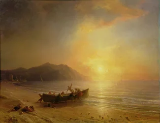 Eine Küstenlandschaft mit arabischen Fischern, die bei Sonnenuntergang ein Boot zu Wasser lassen