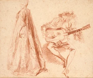 Mädchen im Profil nach links stehend, mit einem Mann, der Gitarre spielt