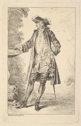 Stehender Mann mit seiner rechten Hand auf einem Becken ruhend, in Dreiviertelansicht, ca. 1710