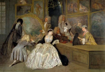 Die Wahl. Rechtes Detail des Schildes von Gersaint. Figuren in einem Kunstladen, die die Werke auswählen, die sie kaufen möchten. Edme François Gersaint (1694-1750), Kunsthändler, dessen Galerie sich in Paris auf der Pont Notre-Dame befindet. Gemälde von J