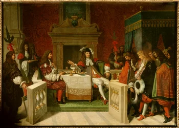 Ludwig XIV. und Molière: König Ludwig XIV. (1638-1715) und Jean-Baptiste Poquelin, genannt Molière (1622-1673), bei Tisch vor den Höflingen