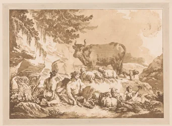 Ruhende Satyrn zwischen Schafen und einer Kuh in einer Landschaft
