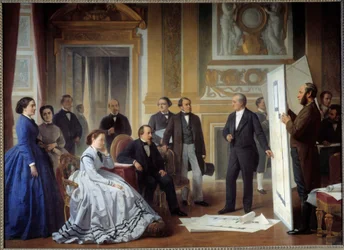 Der Architekt Louis Visconti präsentiert Napoleon III den Plan des neuen Louvre