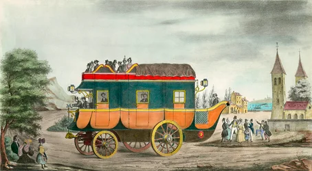 Das Auto (oder die Postkutsche) mit Dampf: Französische Erfindung von 1835. Gravur von Ange Tissier (1814-1876). 1835. Private Sammlung