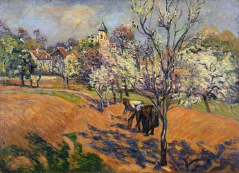 Frühling mit einem Paar beim Hacken und Säen