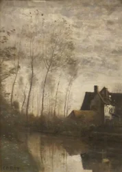 Eine Flussszene mit Häusern und Pappeln
