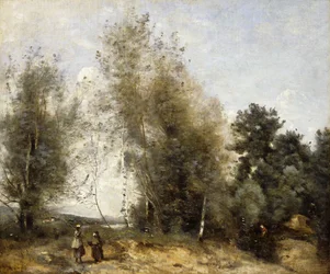 Gruppe von Bäumen am Teichrand mit drei Bauern, ca. 1865-1870