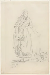 Bauernmädchen füttert Hühner, 1800er