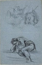 Sitzende Figur mit Kopf in den Händen und zwei Karikaturen (recto); Vier Figuren in einer Lunette (verso)