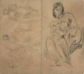 Skizzen: Vier Figuren und sitzende Mutter mit Kind (recto); sitzende Mutter mit Kind (verso)