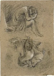 Skizzen: Sitzender Mann mit Kopf in den Händen und zwei Figuren, die sich im Hintergrund zu anderen beugen (recto); Liegende Frau (verso)