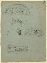 Stehende Figur in einer Nische und Studien für die Ugolino-Gruppe (recto); Rotgewandeter Prälat in einer Menschenmenge (verso)