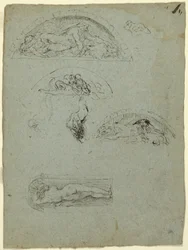 Stehende Figur in einer Nische und Studien für die Ugolino-Gruppe, 1857-58