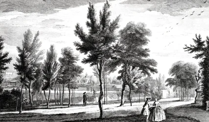 Ansicht der Elysischen Felder von der Quelle des Helikon, Stowe House Gardens, gestochen von George Bickham, 1753