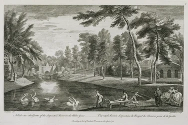 Ein Blick auf die Grotte des Serpentine River im Erlenhain von Stowe, 1753, graviert von George Bickham