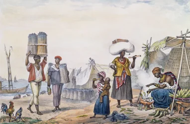 Schwarze Menschen verkaufen Kohle und Mais, aus „Voyage Pittoresque et Historique au Brésil“, gestochen von Thierry Frères, 1839