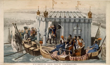 Treffen der Kaiser Alexander I. von Russland und Napoleon I. von Frankreich am Neman bei Tilsit im Juli