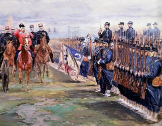 Zar Nikolaus inspiziert die Truppen mit Felix Faure in Chalon-sur-Marne während seines Besuchs in Frankreich, 9. Oktober