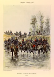 Typen und Uniformen der französischen Armee von Hauptmann Jules Richard, illustriert von Edouard Detaille (1848-1912): Dragoner; Felddienst im Jahr 1885, Private Sammlung